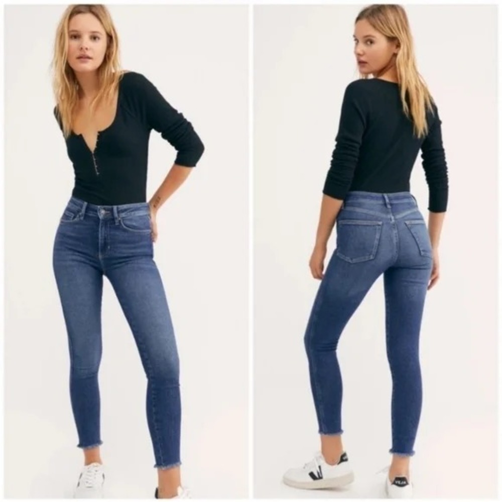 GUC Free People We The Free Women's 29 High Rise Frayed Hem Skinny Jeans Blue